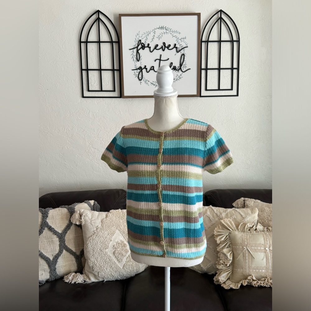 Vintage Coastal Granddaughter Short Sleeve Cardigan Cover Size M Hand Crochet - Picture 3 of 16